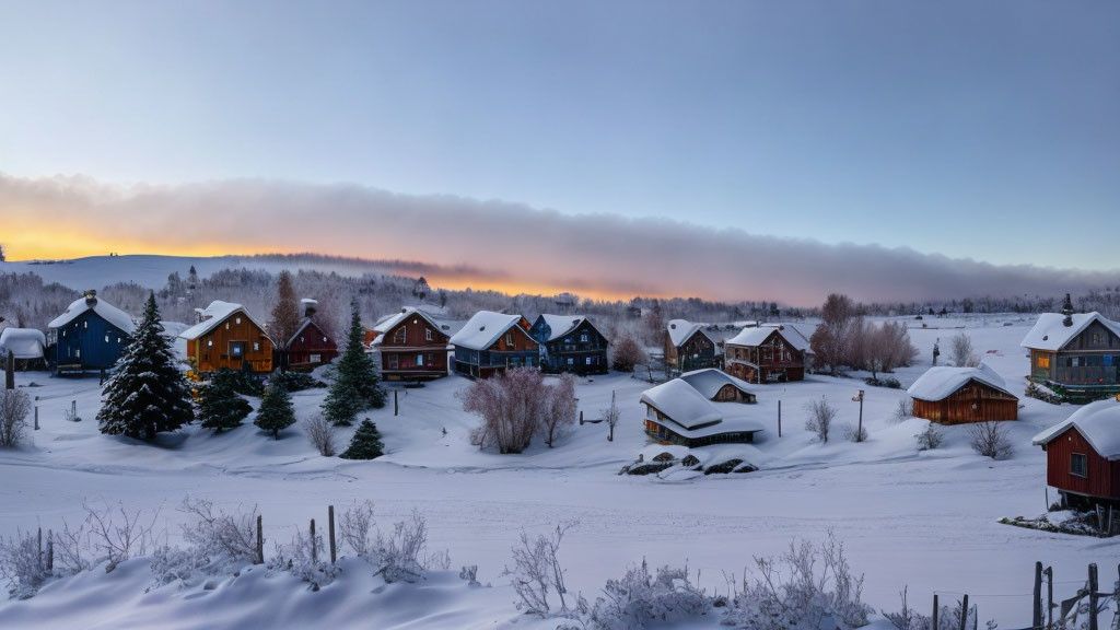 Snow-covered houses at dawn in tranquil winter panorama