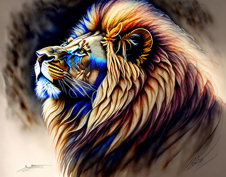 Colorful Lion Profile Drawing with Flowing Mane in Blue and Gold Hues