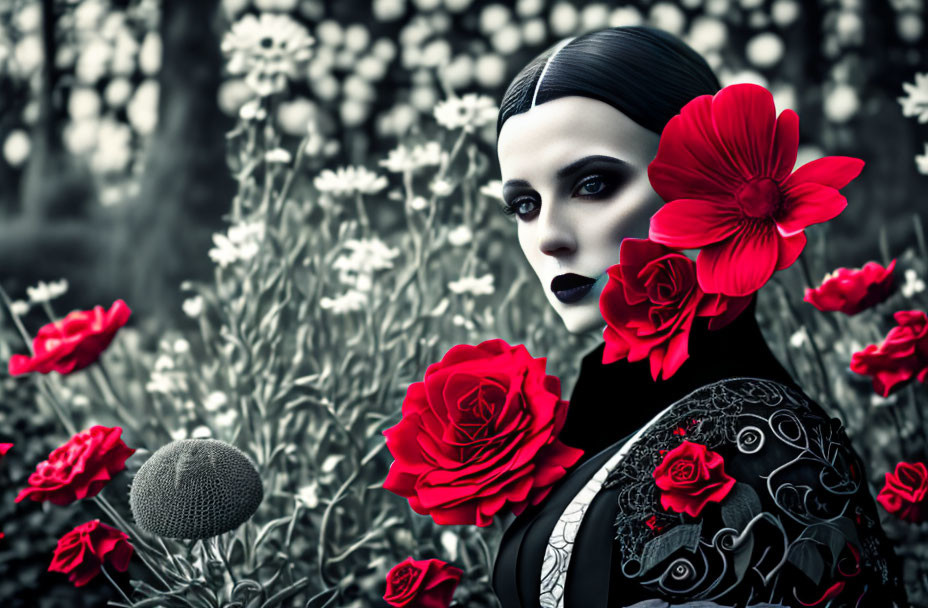 Monochrome portrait of a woman with red lips and roses on floral background