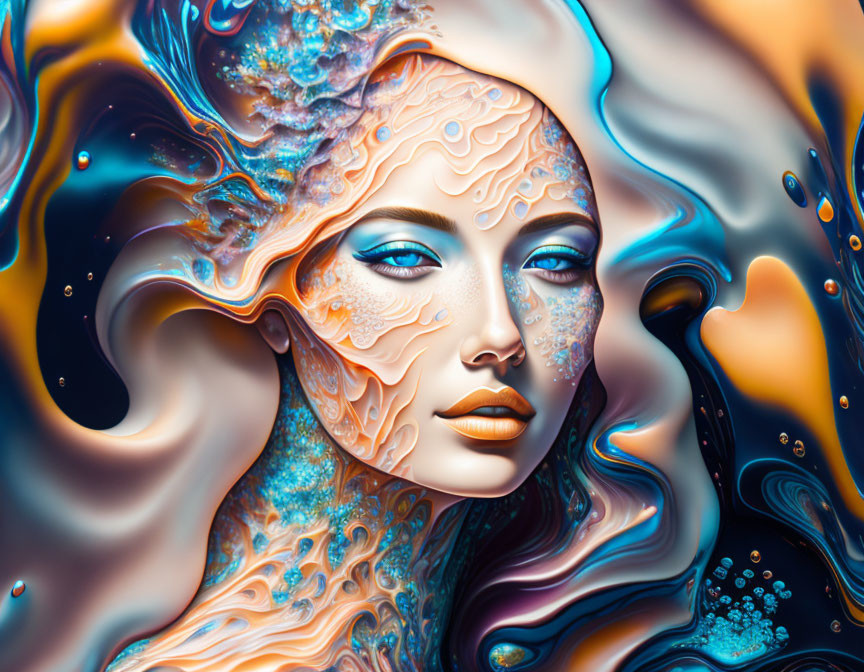 Surreal Woman's Face Merging with Iridescent Swirls