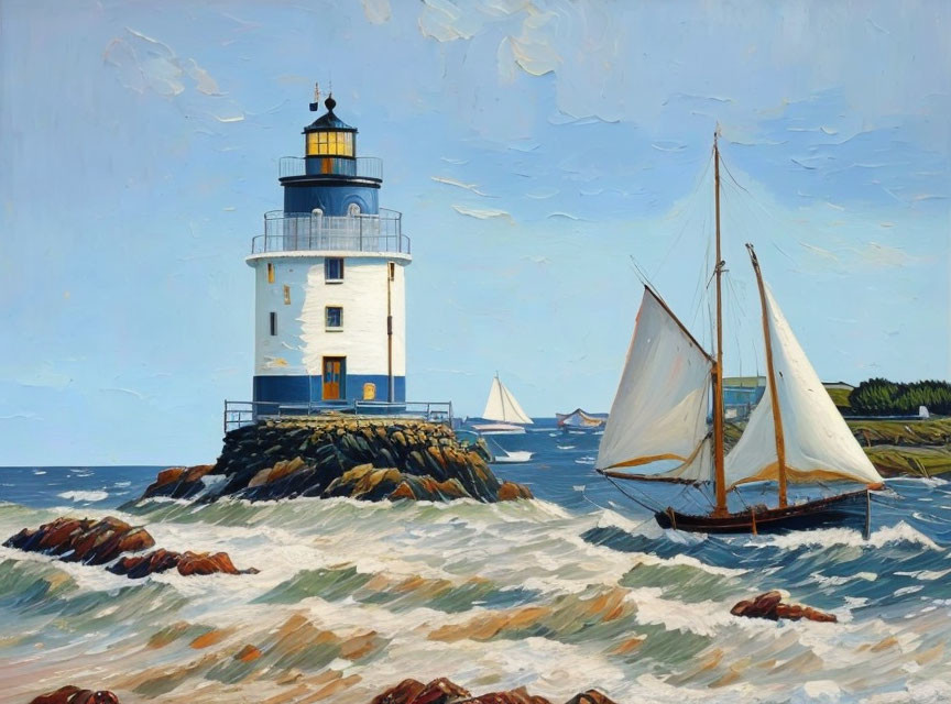 Lighthouse painting with sailboat on rocky shore