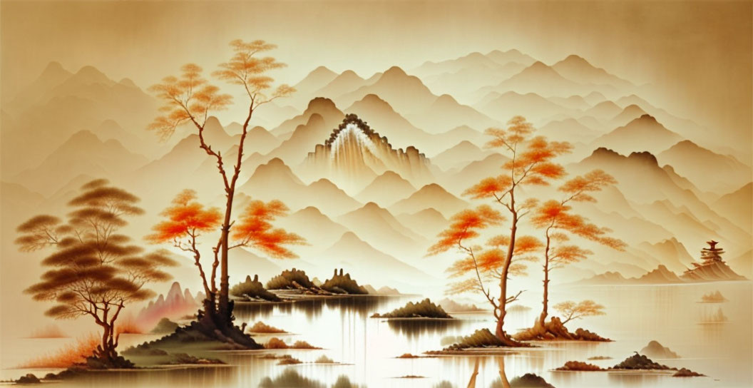 Chinese landscape painting: Misty mountains, autumn trees, calm water, distant pagoda