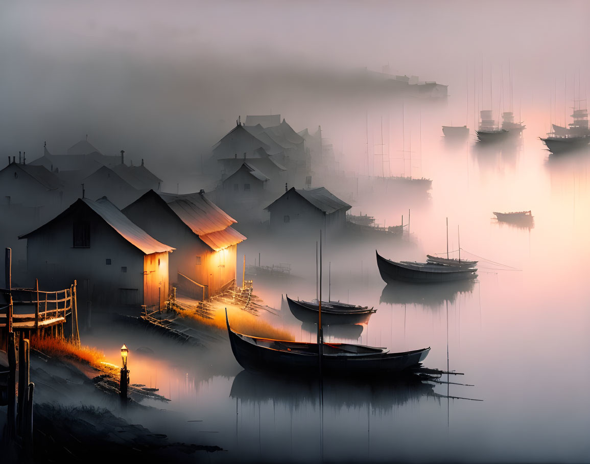 Foggy waterfront village at twilight with glowing lights