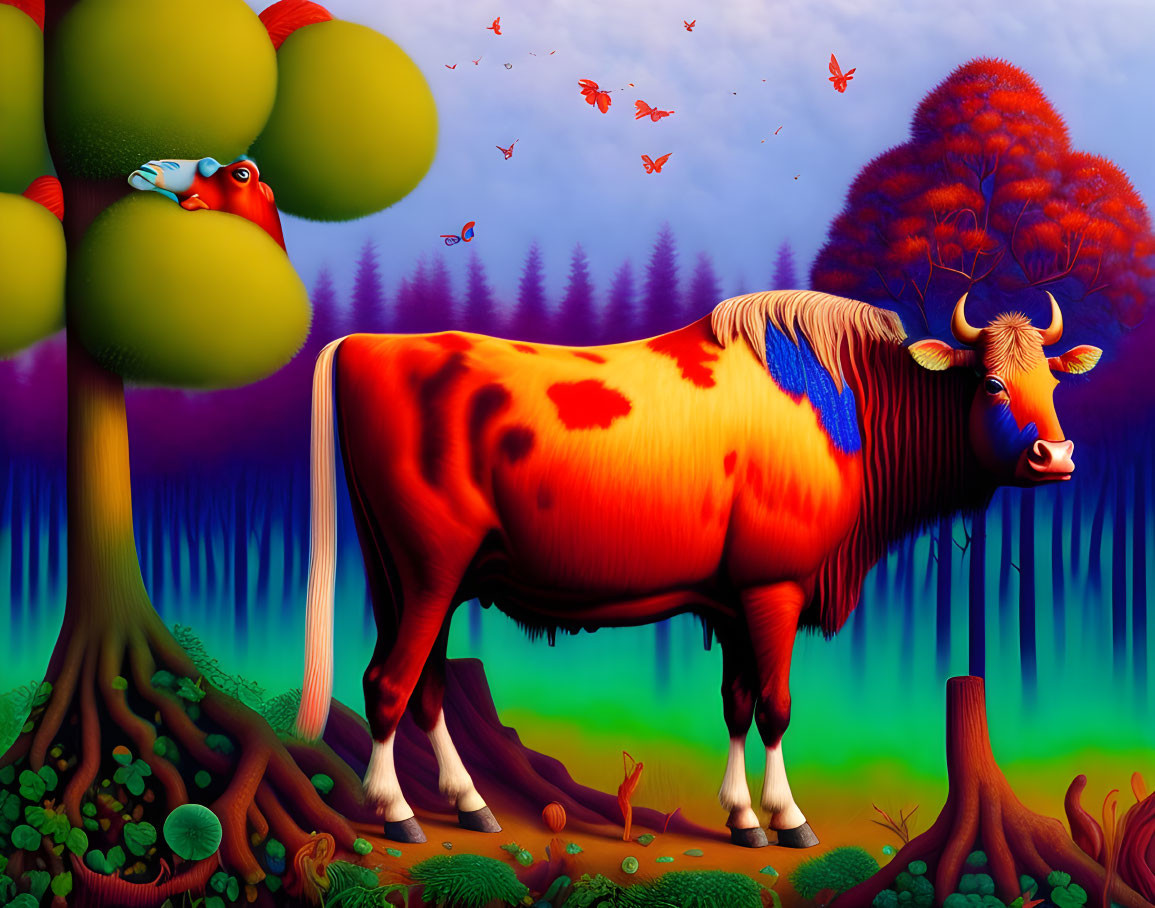 Colorful Surreal Landscape with Cow, Frog, and Butterflies