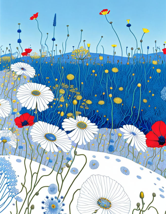 Colorful Flower Painting on Blue Background with Detailed Petals and Stems