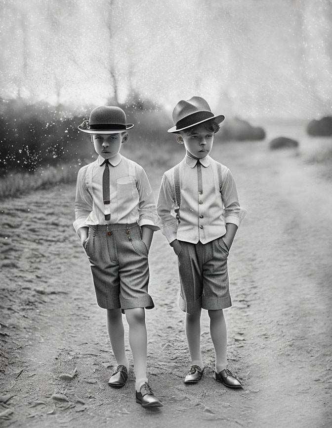 Vintage boys in suspenders and hats on dusty road in black and white.