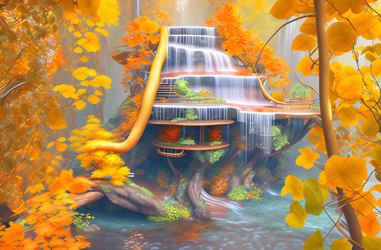 Autumn Waterfall with Terraced Rocks and Orange Foliage