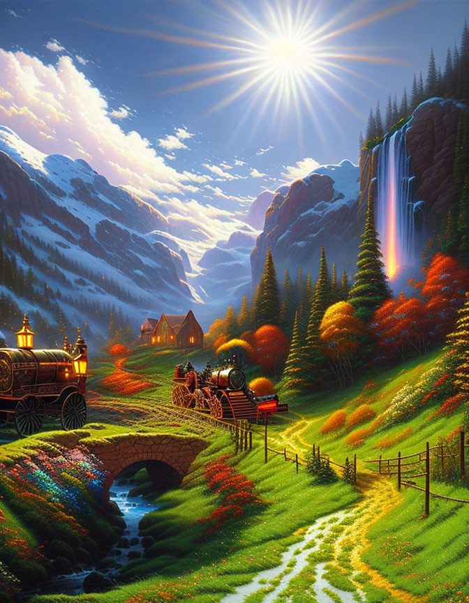 Scenic landscape with steam train, stone bridge, waterfall, colorful flora, and mountains