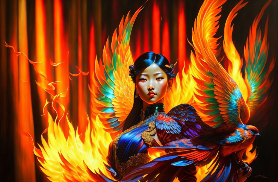 Woman with Phoenix Wings Surrounded by Flames in Vibrant Illustration