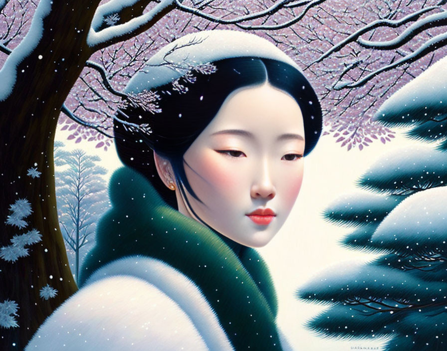 Illustrated portrait of an Asian woman in green shawl near snowy tree with pink blossoms