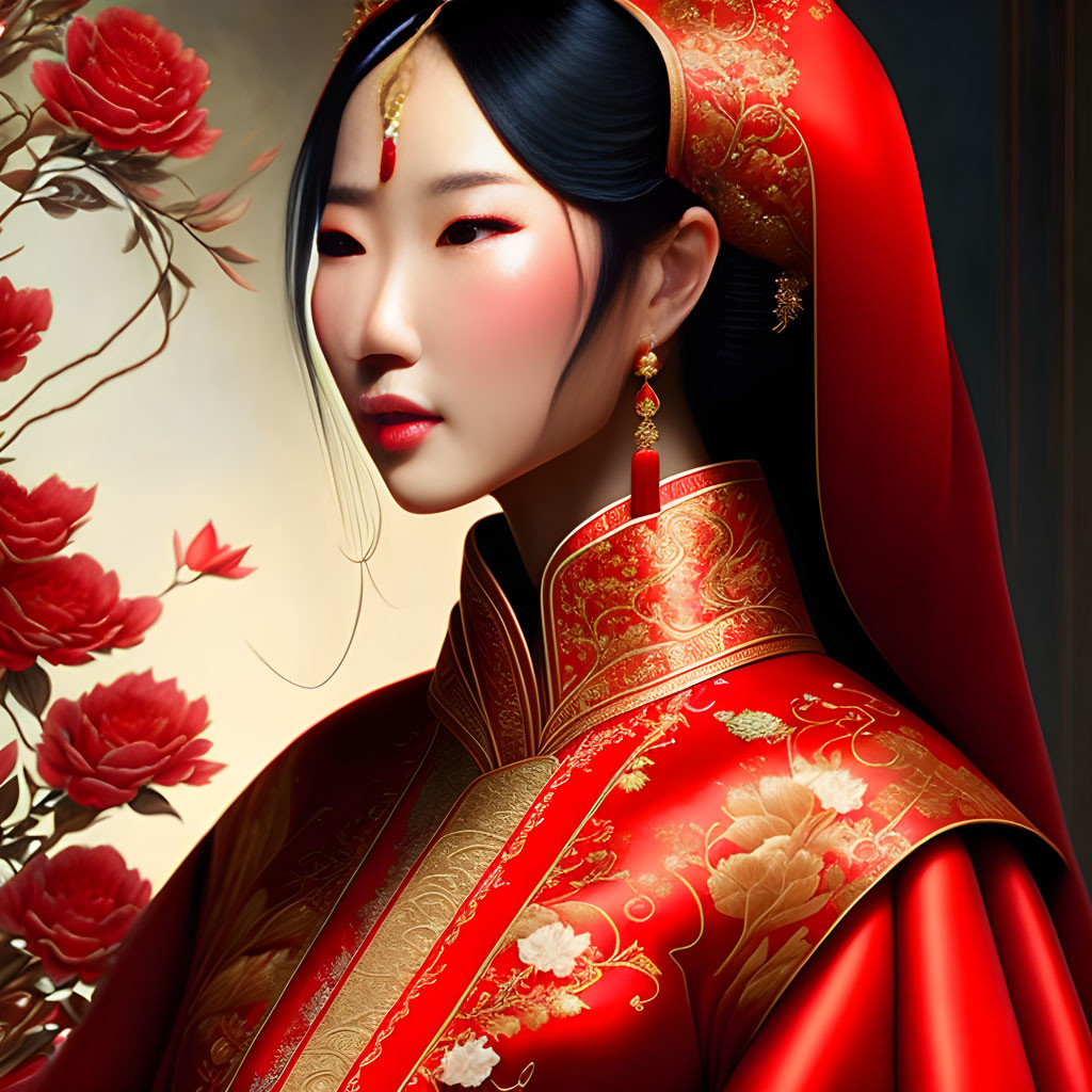 Digital artwork: Woman in red Asian bridal attire with gold details and jewelry on floral backdrop