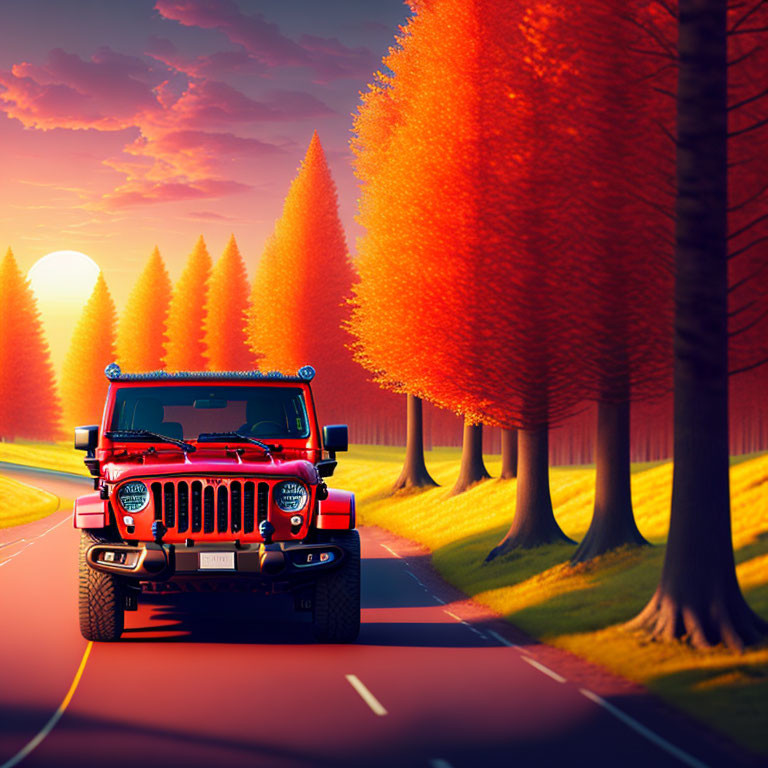 Red Jeep driving on road lined with autumn trees at sunset