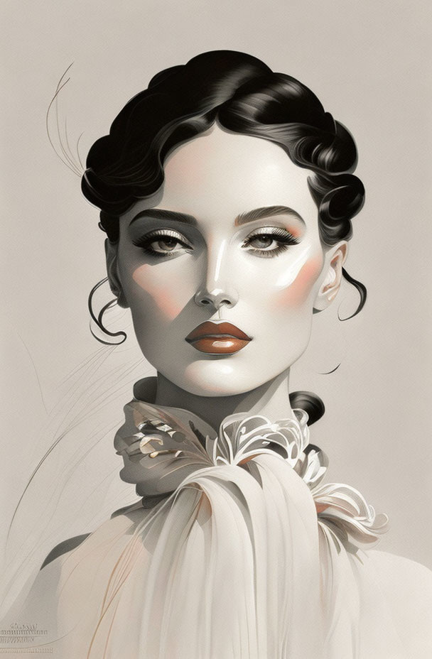 Vintage-inspired woman illustration with dramatic makeup and high-collared outfit