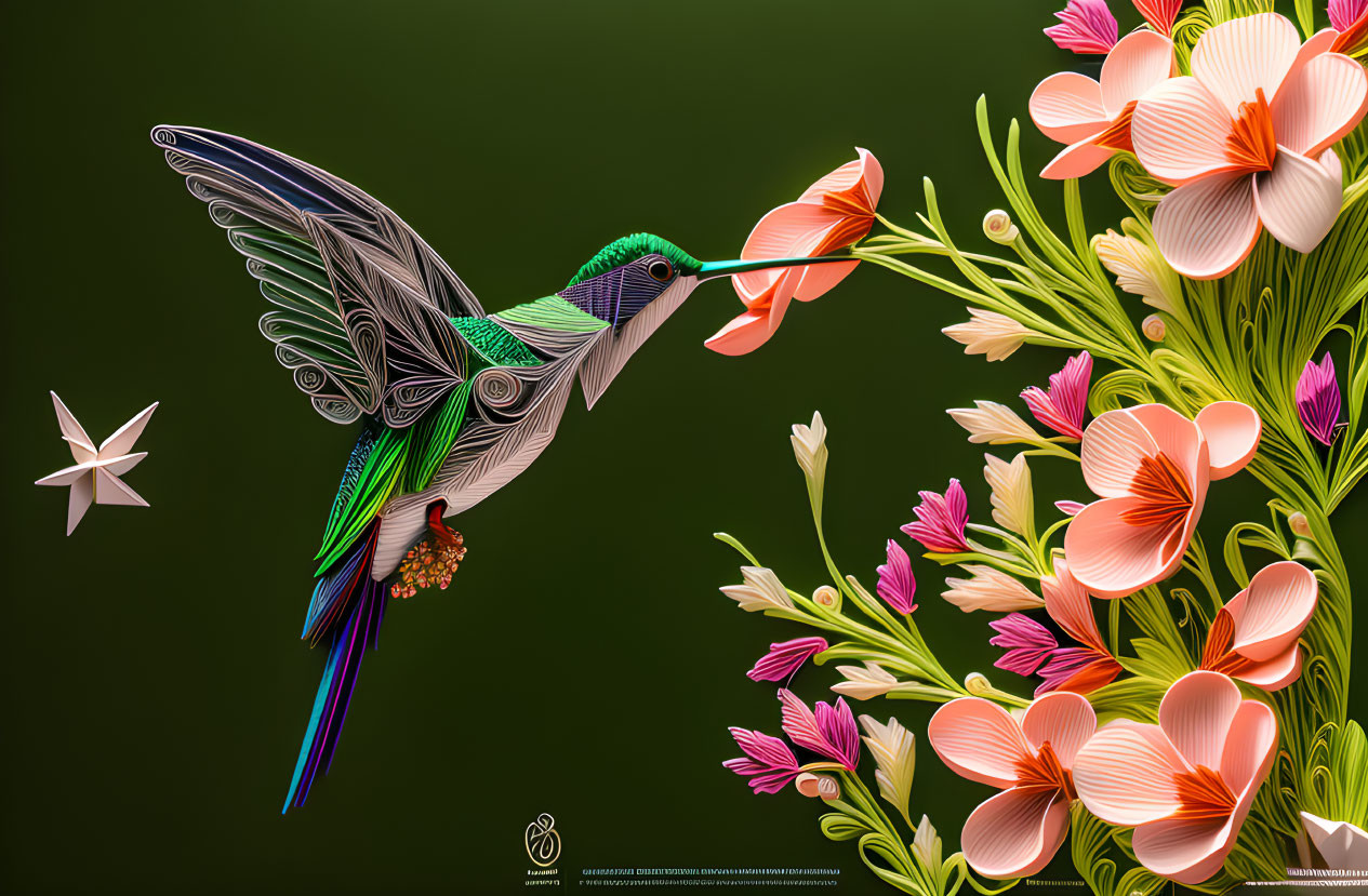 Stylized hummingbird with intricate patterns feeding on pink flowers