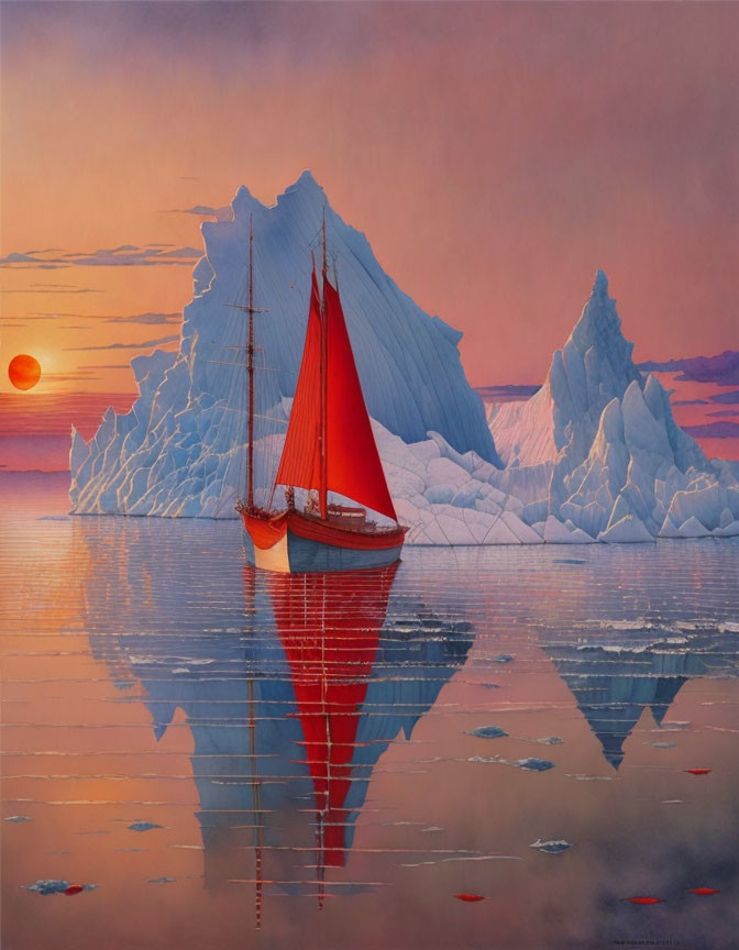 Red sail sailboat near icebergs in serene sunset scene