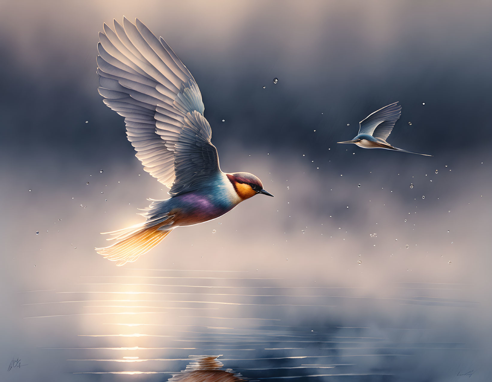 Birds flying over serene water under soft sunlight and mist reflection.