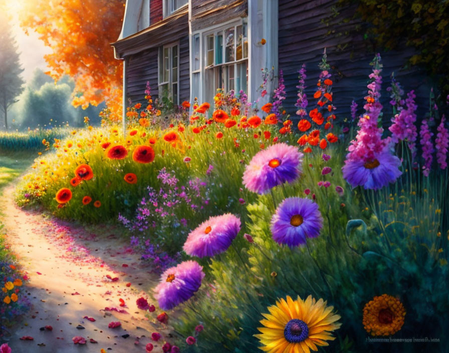 Colorful blooming flowers in garden next to sunlit house