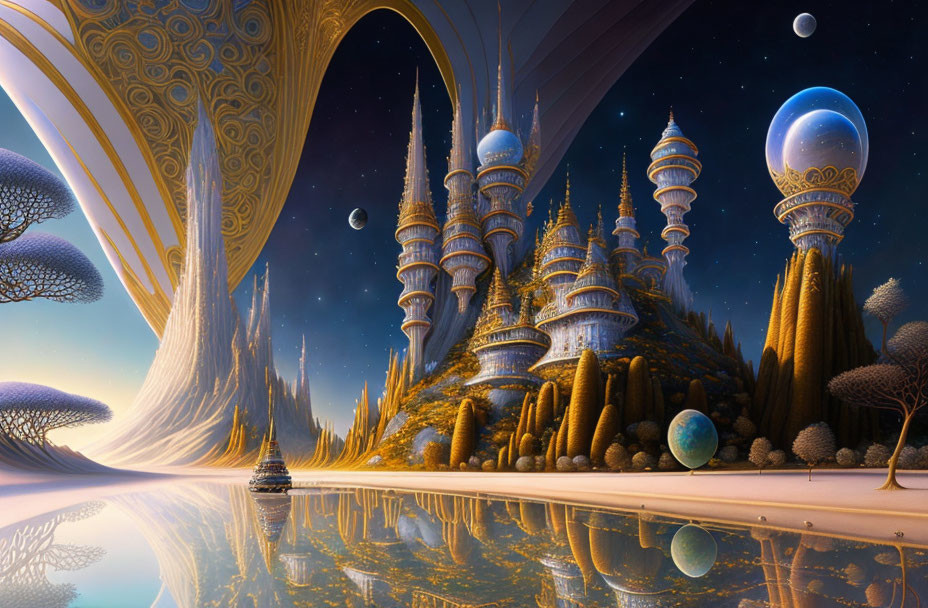 Fantastical landscape with ornate towers and alien trees