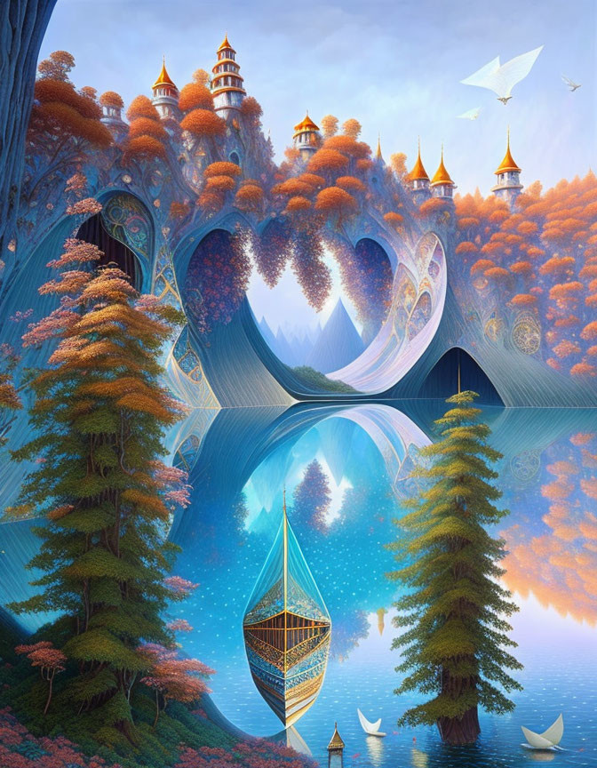 Fantasy landscape featuring floating islands, waterfalls, autumn trees, ethereal structures, and mirrored lake