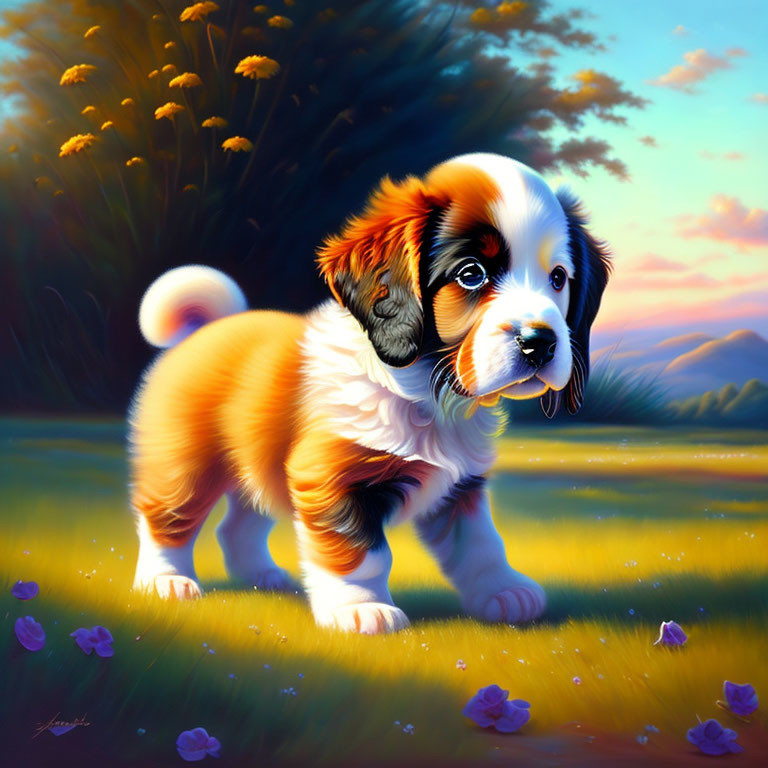 Fluffy Saint Bernard Puppy in Sunset Field with Purple Flowers