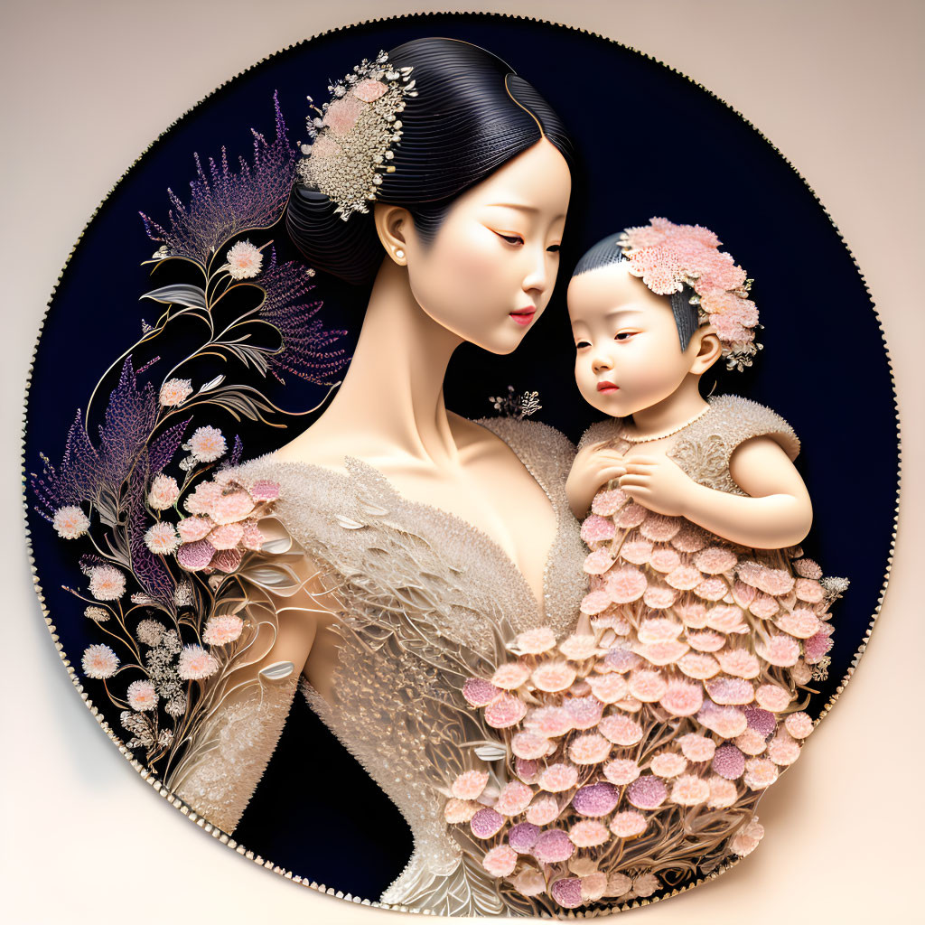 Illustration of elegant woman and child in floral garments within decorative border