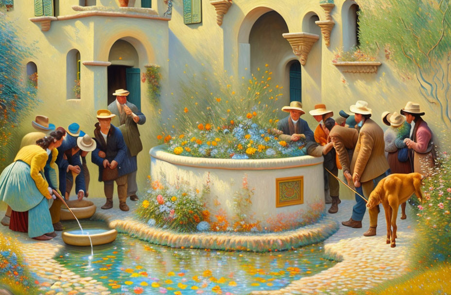 Colorful painting of people near fountain in village with dog