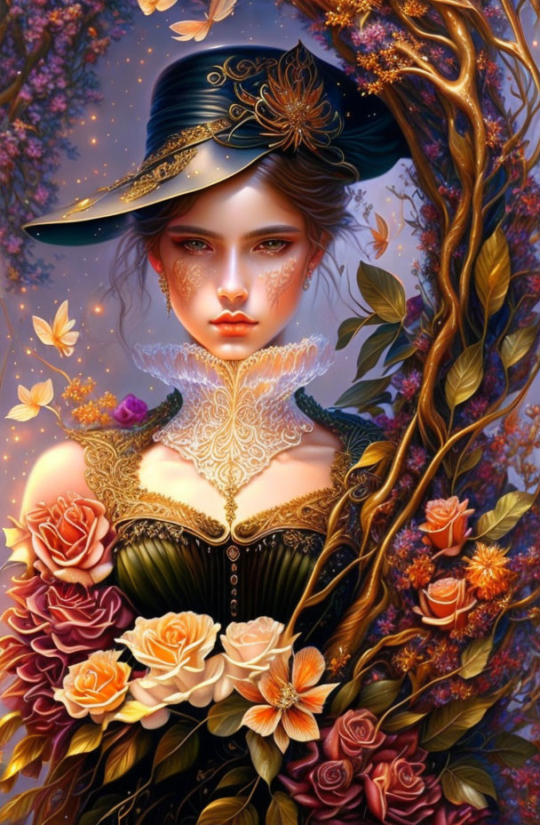 Digital Artwork: Woman with Ornate Makeup and Attire Among Flowers and Vines