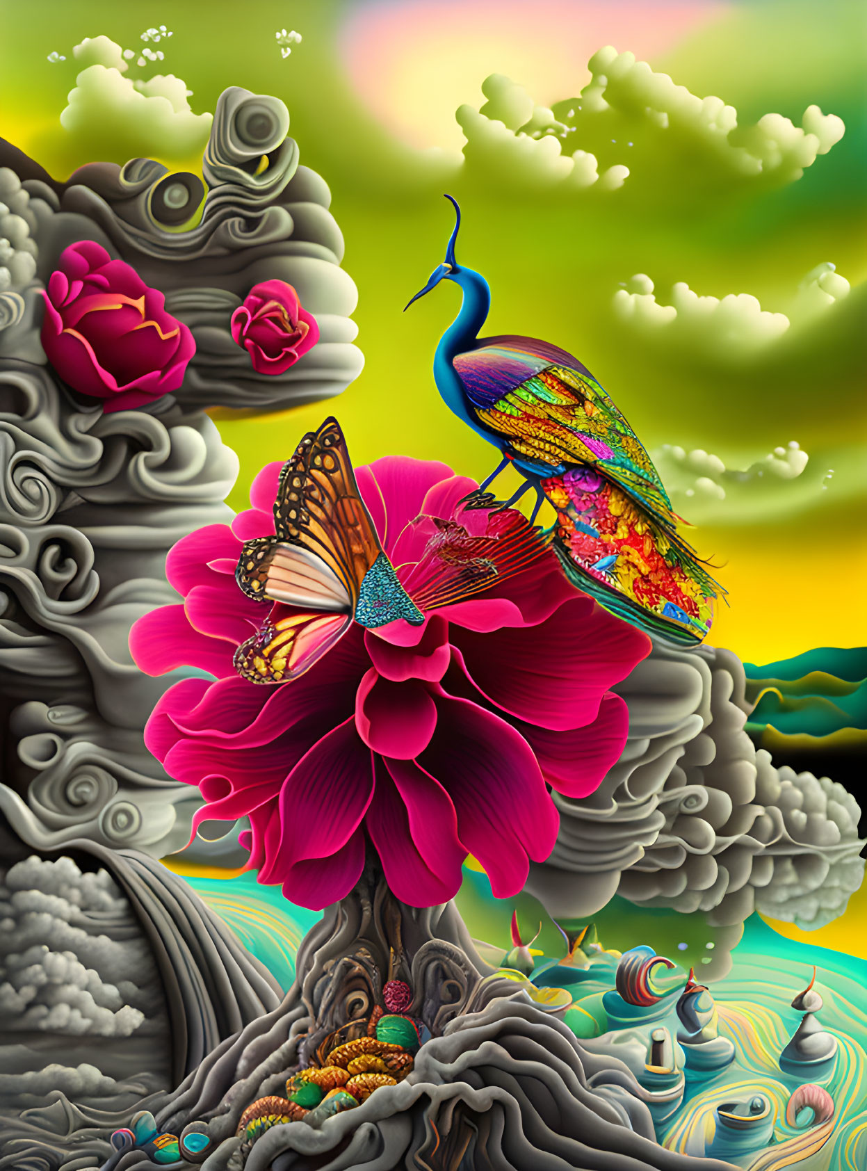 Surrealist nature scene with peacock, butterfly, and pink flower