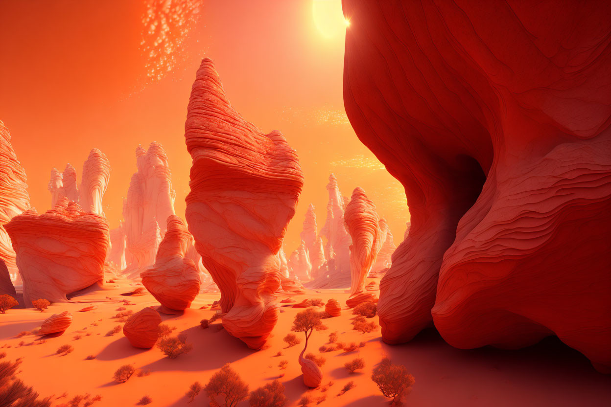 Vivid orange desert landscape with towering rock formations under glowing sun