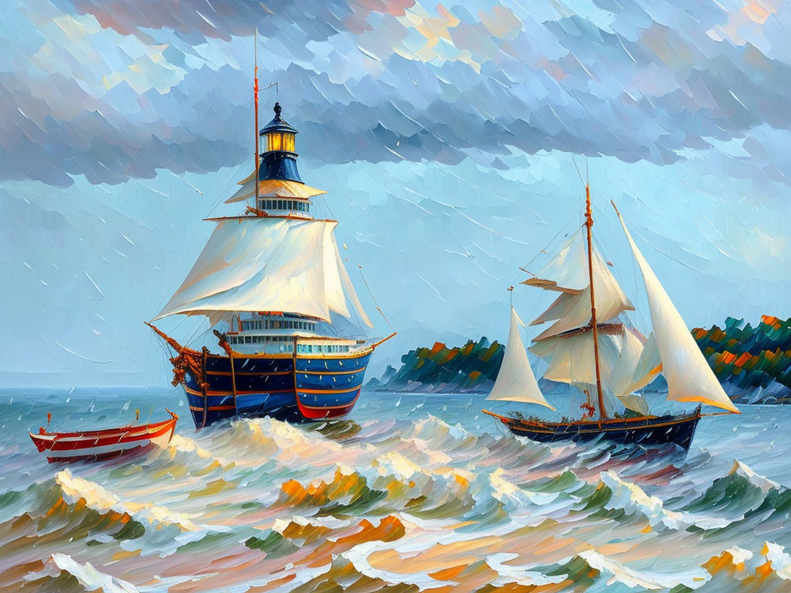 Impressionistic painting of sailing ships on choppy sea