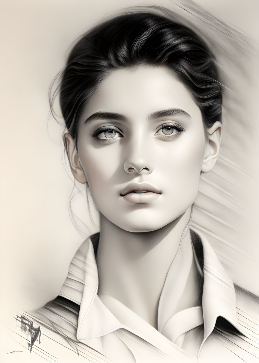 Monochrome digital portrait of young woman with wavy hair and expressive eyes