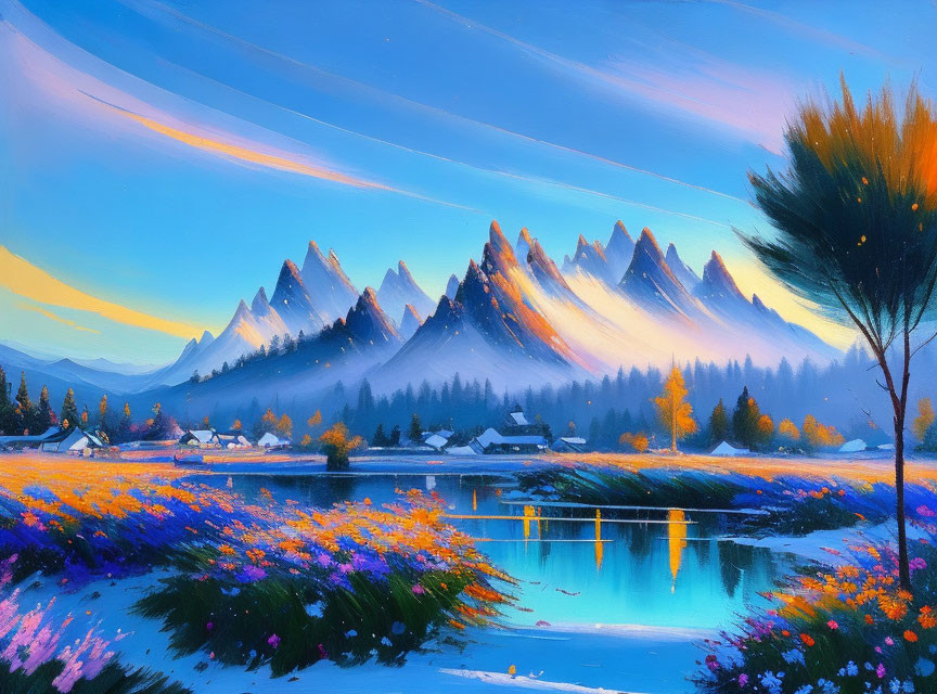 Scenic painting of mountain range at sunset with flowers, lake, and houses