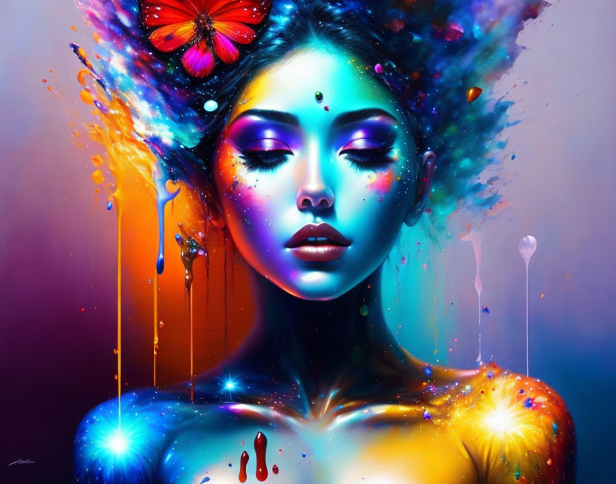 Colorful Abstract Digital Artwork: Woman with Butterfly