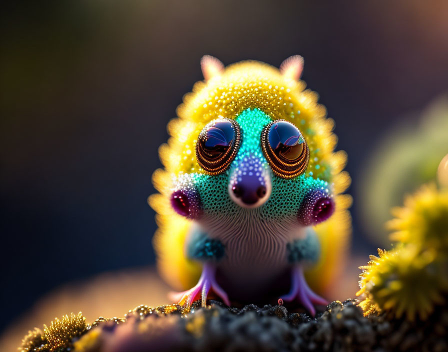 Colorful Toy Gecko with Glossy Eyes on Textured Surface Amid Greenery