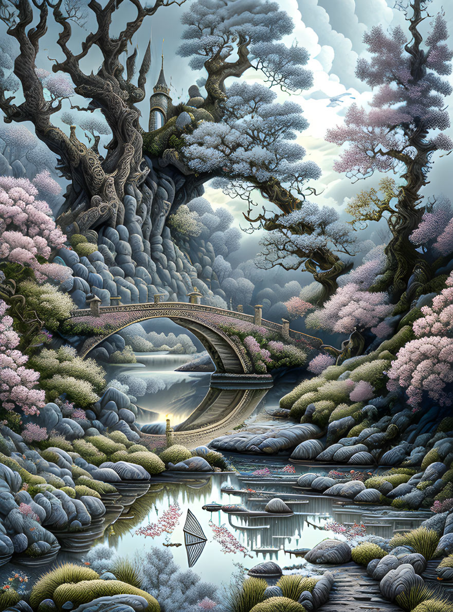 Tranquil fantasy landscape with trees, bridge, river, cherry blossoms, castle, and boat