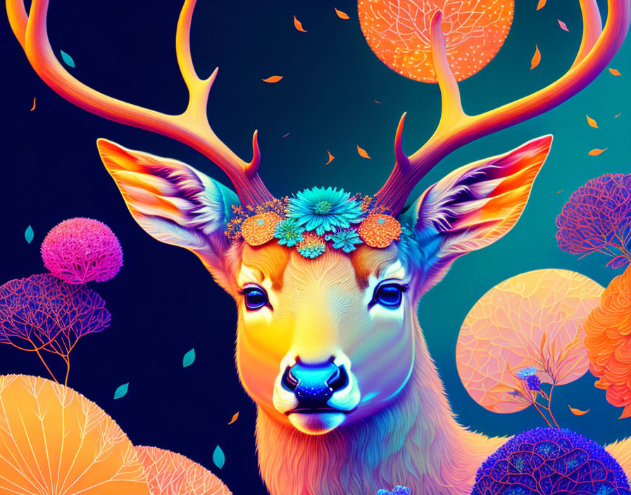 Vibrant digital artwork: Deer with flower-adorned antlers on dark background