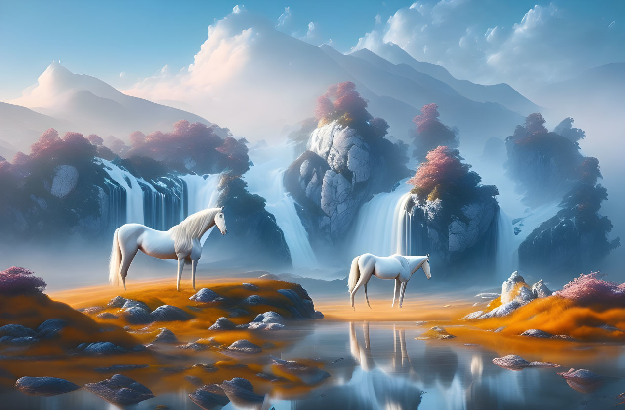 Tranquil river scene with horses, waterfalls, mountains, and mist