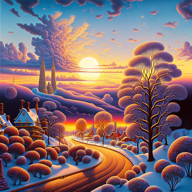 Snow-covered village and castle in vibrant sunset landscape with circular tree patterns and starry sky