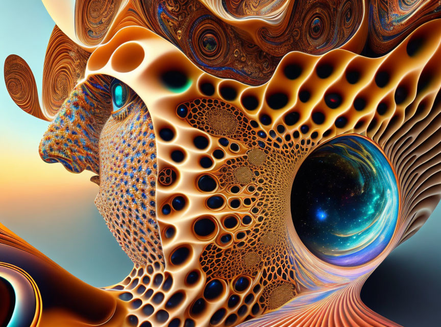 Abstract Fractal Art: Profile Face with Earthy Tones & Cosmic Elements