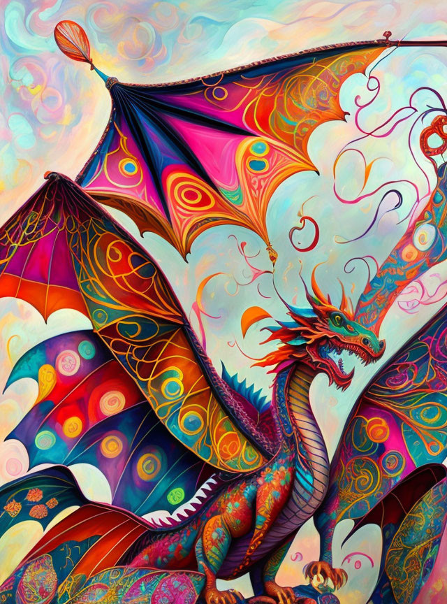 Colorful Dragon Illustration with Expanded Wings and Whimsical Backdrop