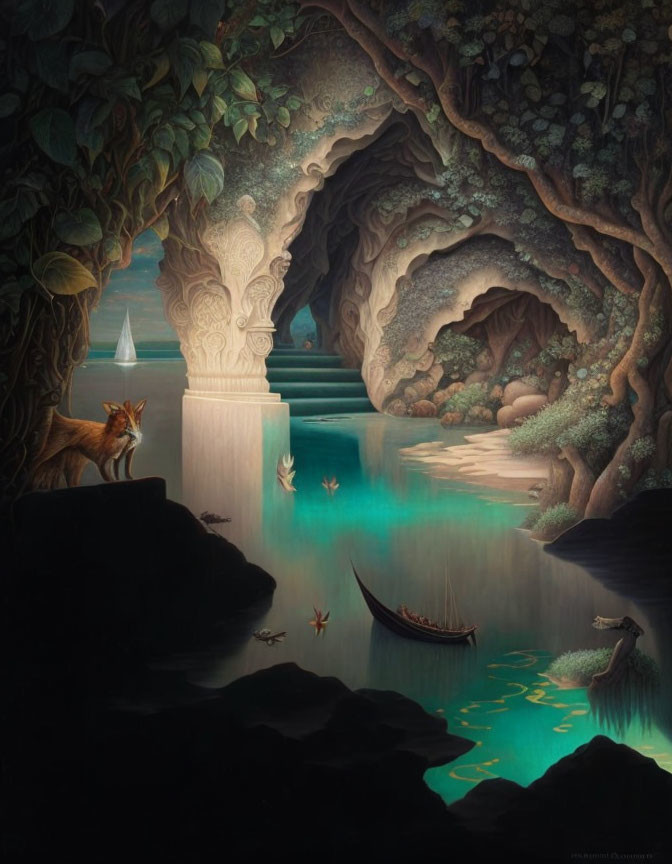 Tranquil fantasy landscape with glowing river, cave, boat, wildlife, and lush vegetation.