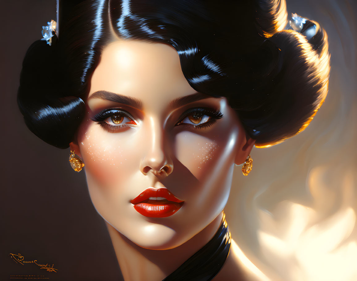 Woman with Elegant Retro Hairstyle and Dramatic Makeup in Digital Artwork