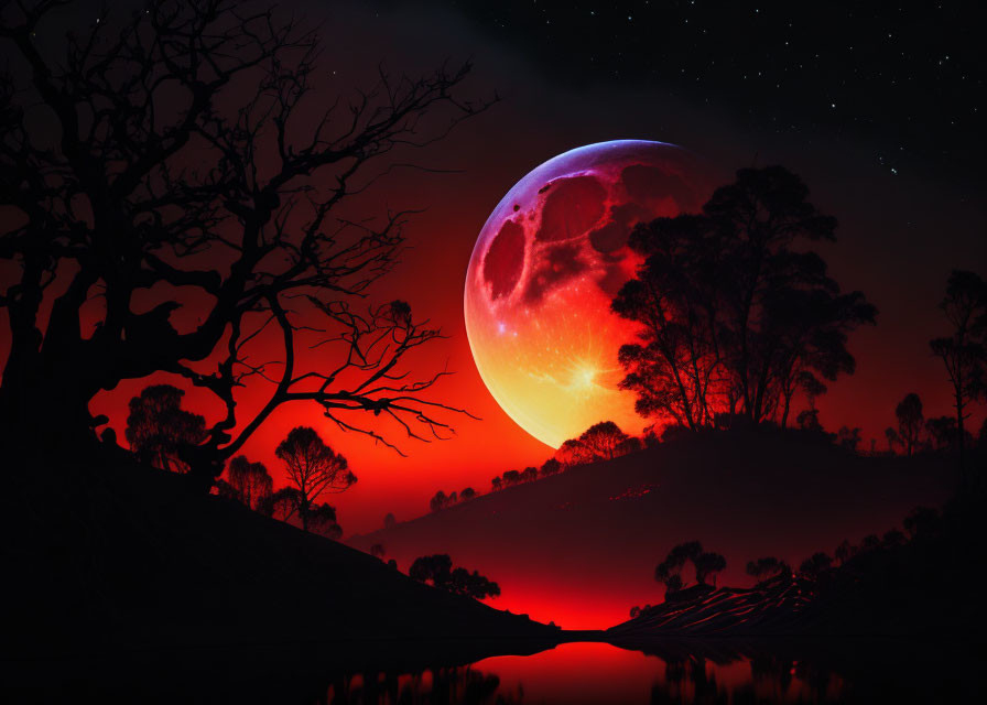 Red-Toned Moon Over Silhouette of Trees and Hills at Night