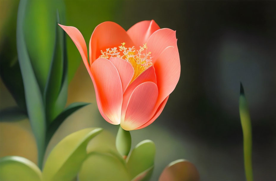 Vibrant Orange Tulip with Yellow Stamens on Green Foliage Background