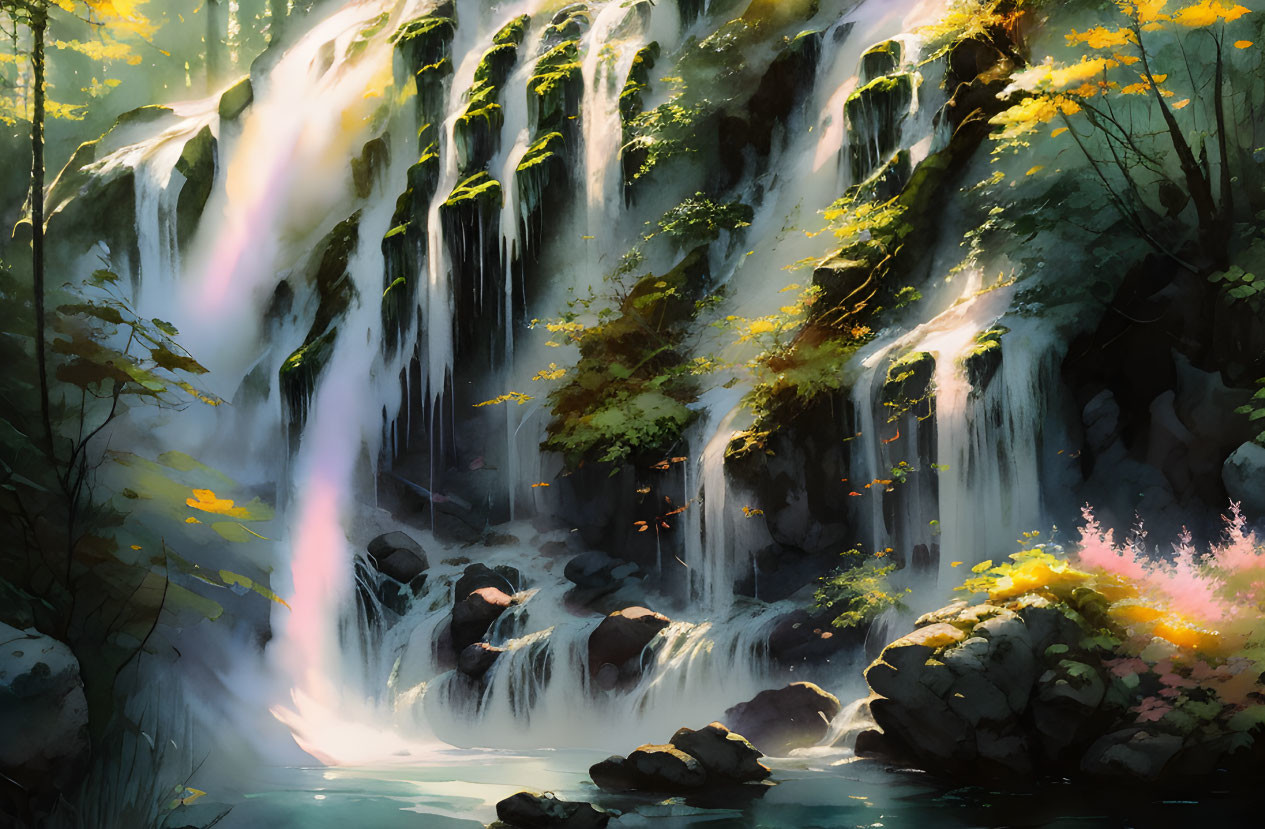 Tranquil waterfall over mossy cliffs in lush greenery