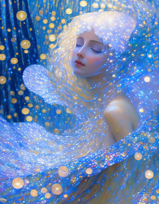 Woman in cosmic blue and gold-starred swirl with closed eyes and white hair.