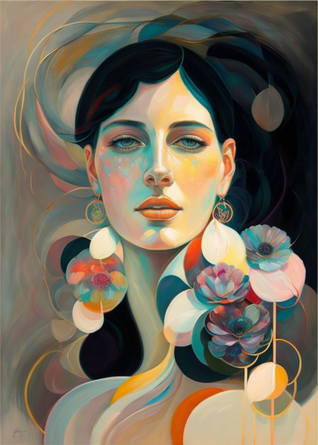 Vibrant painting of stylized woman with flowing hair and abstract floral motifs