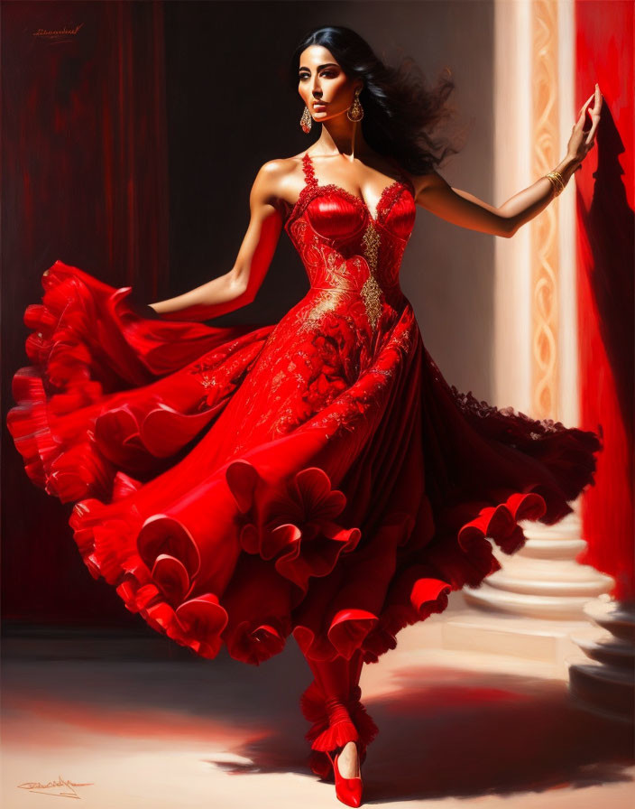 Elegant woman in red gown with gold accents twirls gracefully