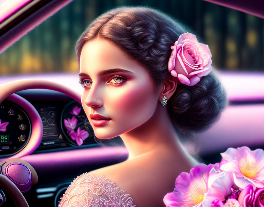 Digital artwork: Woman with rose in hair, elegant makeup, sitting in car with vibrant flower reflections.