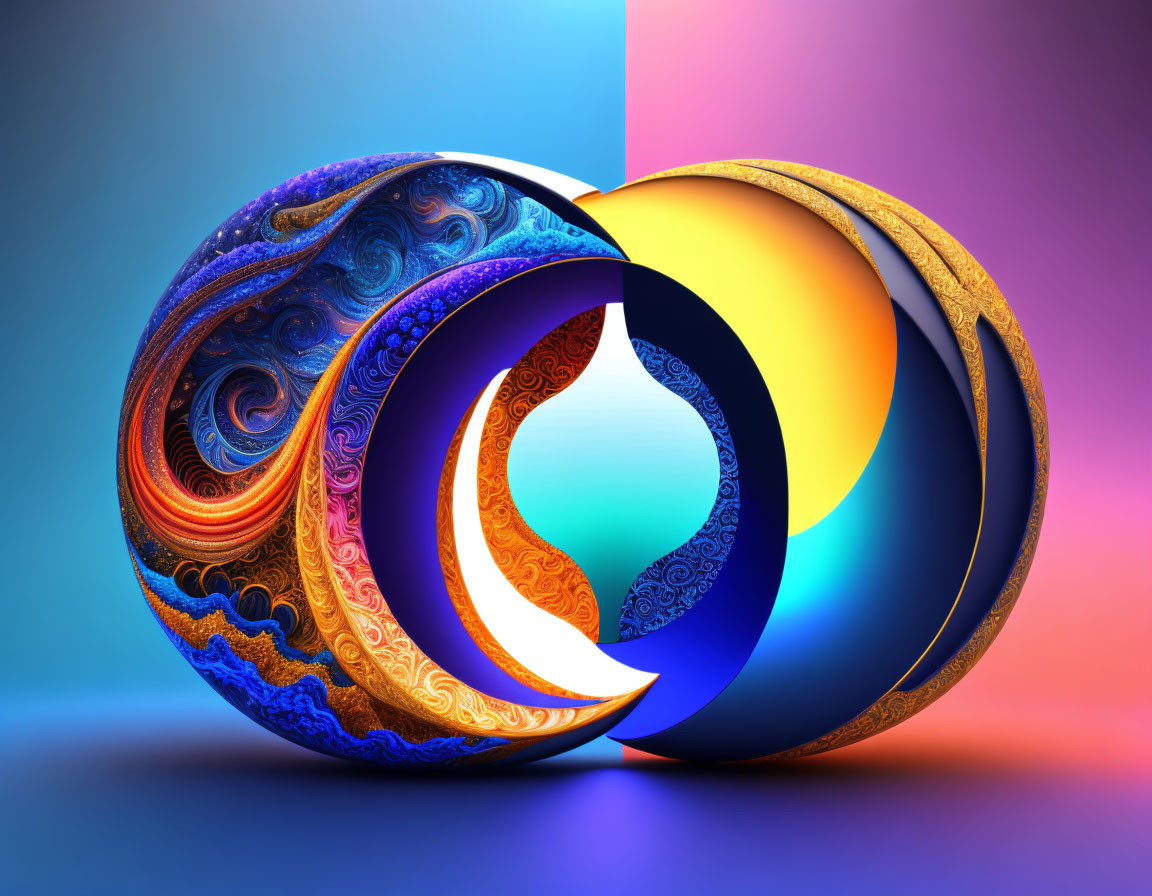 Interwoven glossy spheres with intricate patterns on gradient background